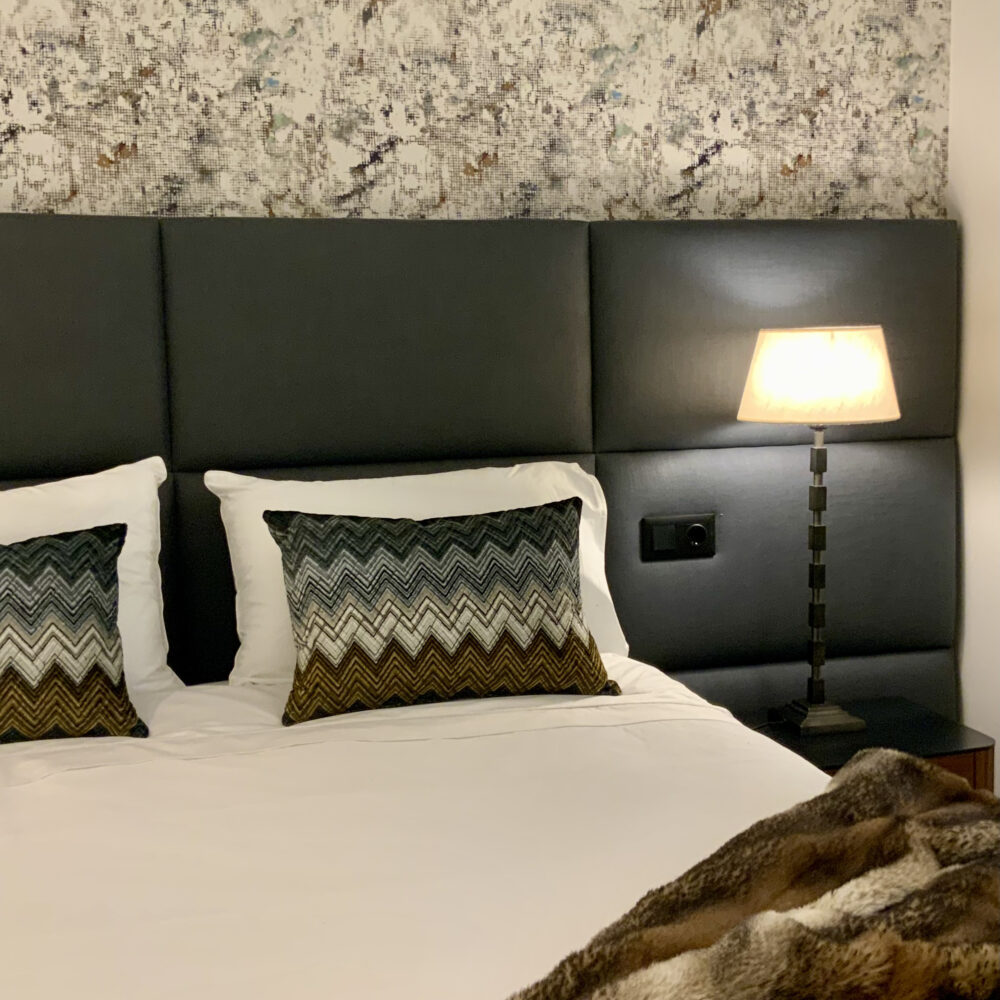 Paper headboard and our cushions.