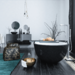 How to mix decorating styles effectively. Bathroom with eclectic decor.