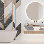 Tendencias de Texturas en el Interiorismo. Bonito, luminoso y moderno cuarto de baño. Color blanco y textura de mármol.