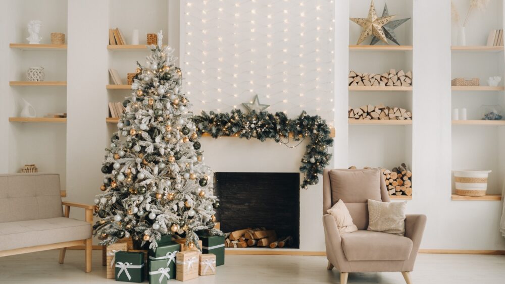 Christmas tree in the home Christmas interior.Decorated Christmas photo zone